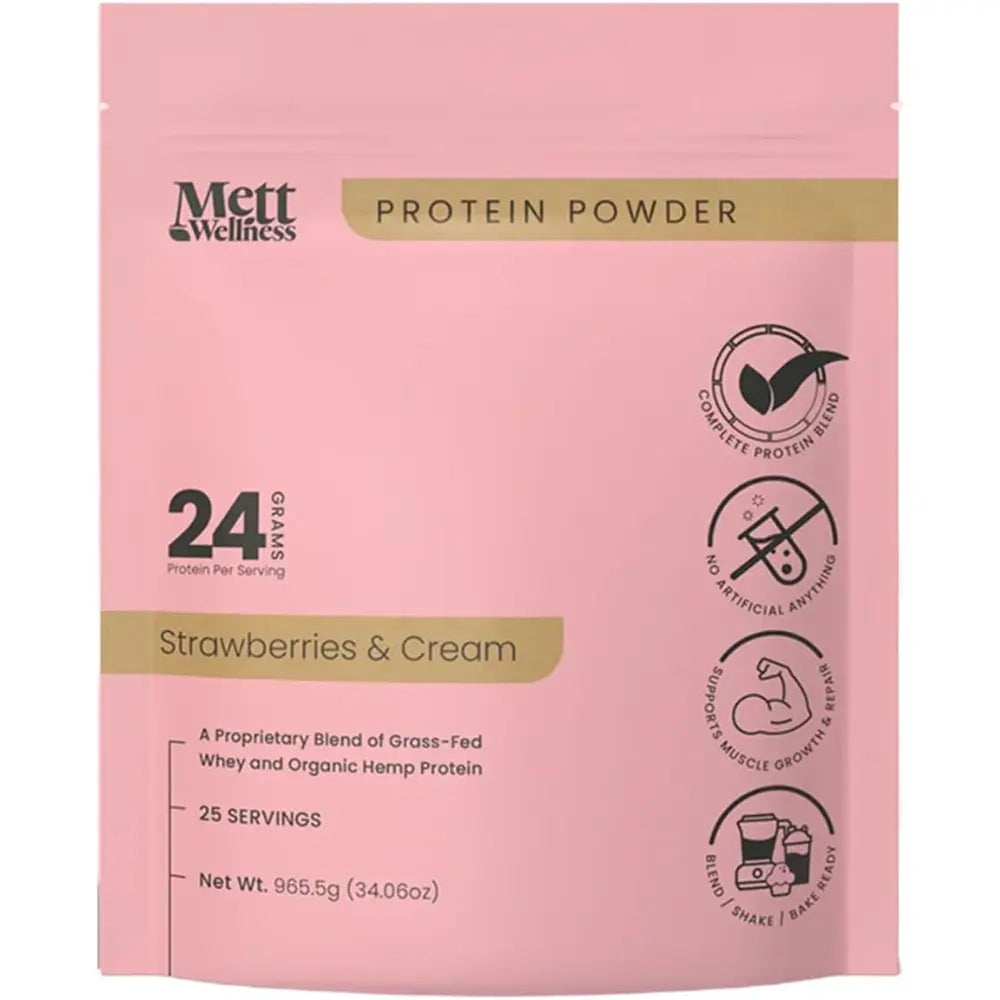 Mett Wellness Protein Powder | Strawberries & Cream Grass-Fed Whey + Hemp Heart Protein | 24G Protein per Serving | 25 Servings