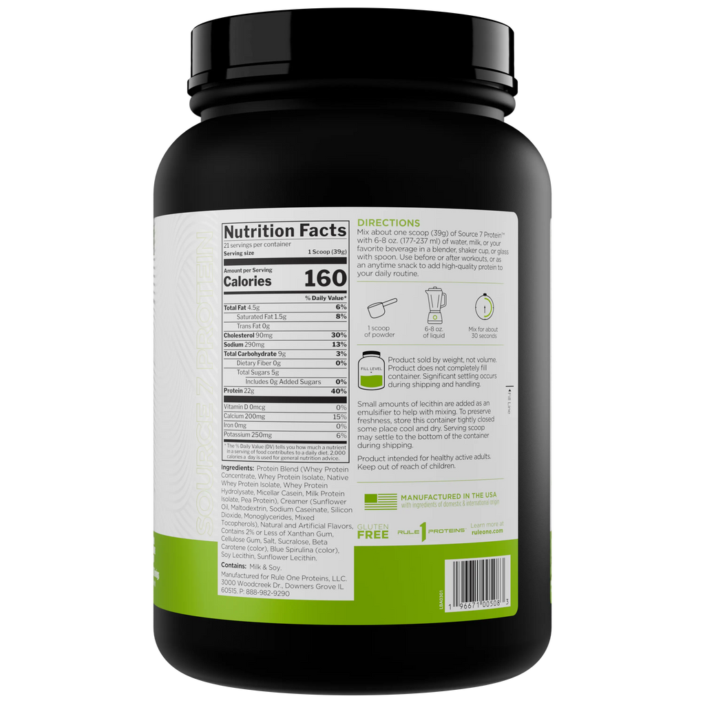 Rule 1 Source 7 Protein – Decadent Flavor, Velvety Smooth Texture, 22G Anytime Protein, and 10G Naturally Occurring Eaas per Serving from 7 Premium Sources, 1.8 Lb, Made in the USA