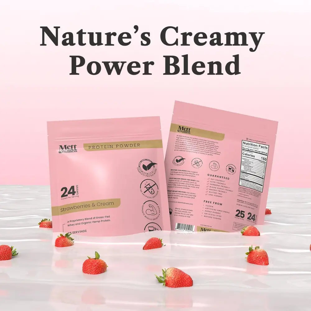 Mett Wellness Protein Powder | Strawberries & Cream Grass-Fed Whey + Hemp Heart Protein | 24G Protein per Serving | 25 Servings