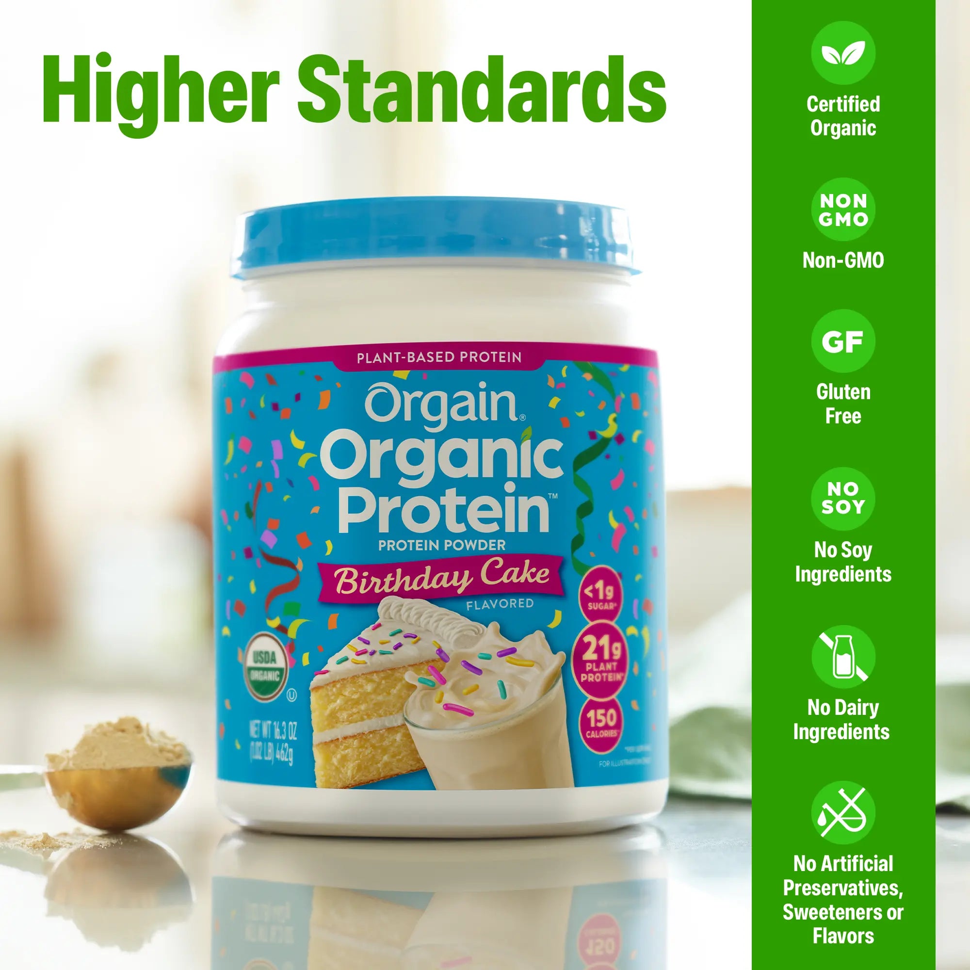 Orgain Organic Protein Plant Based Protein Powder - Birthday Cake Flavor, 21G Plant Protein, <1G Sugar, USDA Certified Organic, Edible Supplement for Fitness Endurance