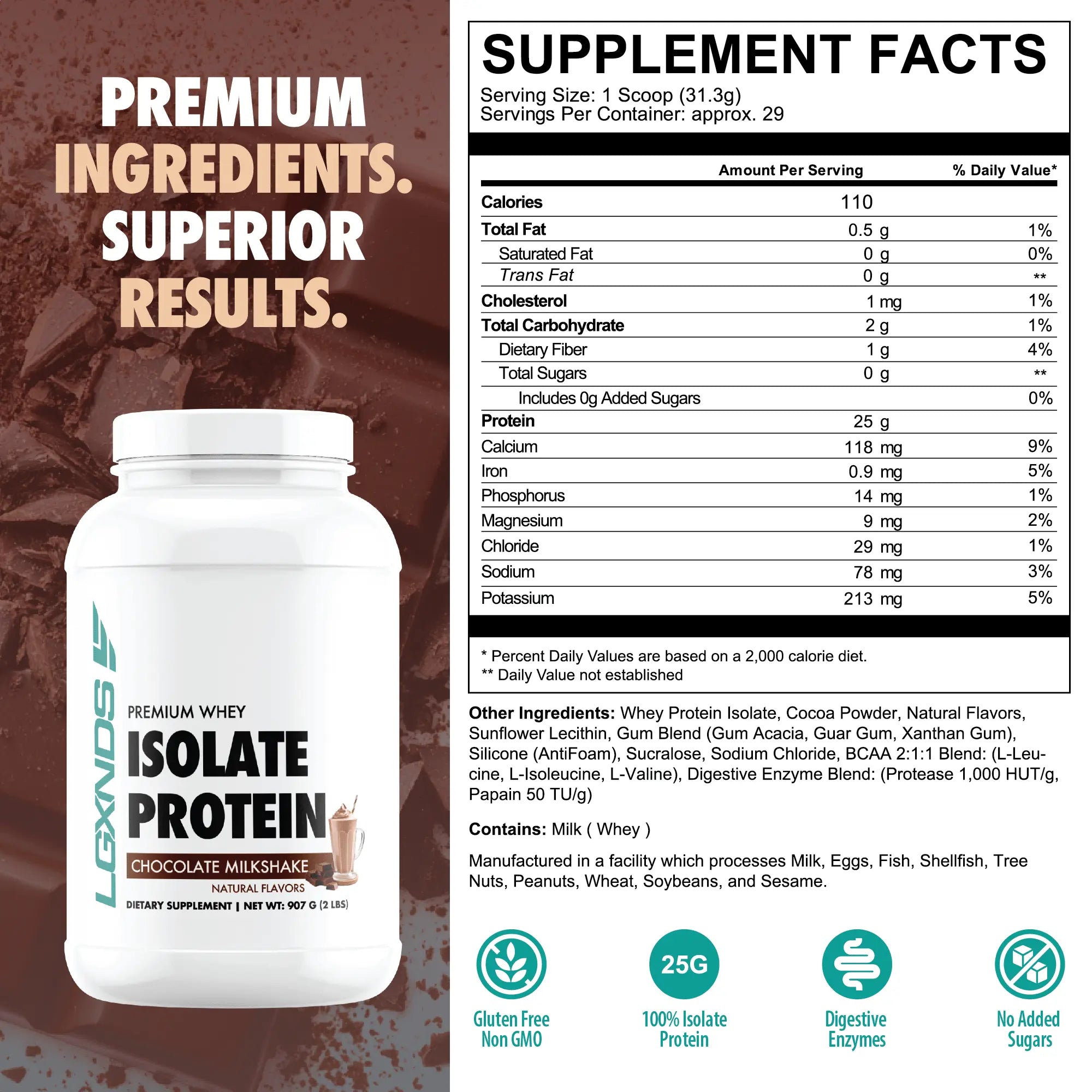 LGXNDS Whey Isolate Protein | 25G Protein per Serving | Bcaas and Digestive Enzymes | Low Fat No Added Sugar | Clean Gluten Free Non-Gmo Protein Powder
