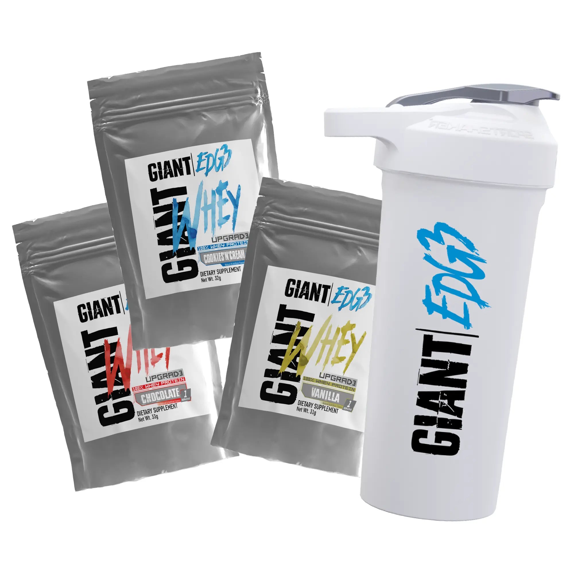 Giant Edg3 Protein Starter Pack - Shaker with Single Serving Protein Packs - 3 Servings of Whey Protein Dietary Supplement Edible