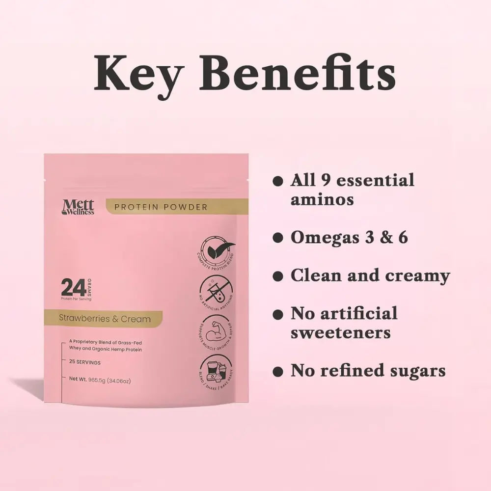 Mett Wellness Protein Powder | Strawberries & Cream Grass-Fed Whey + Hemp Heart Protein | 24G Protein per Serving | 25 Servings