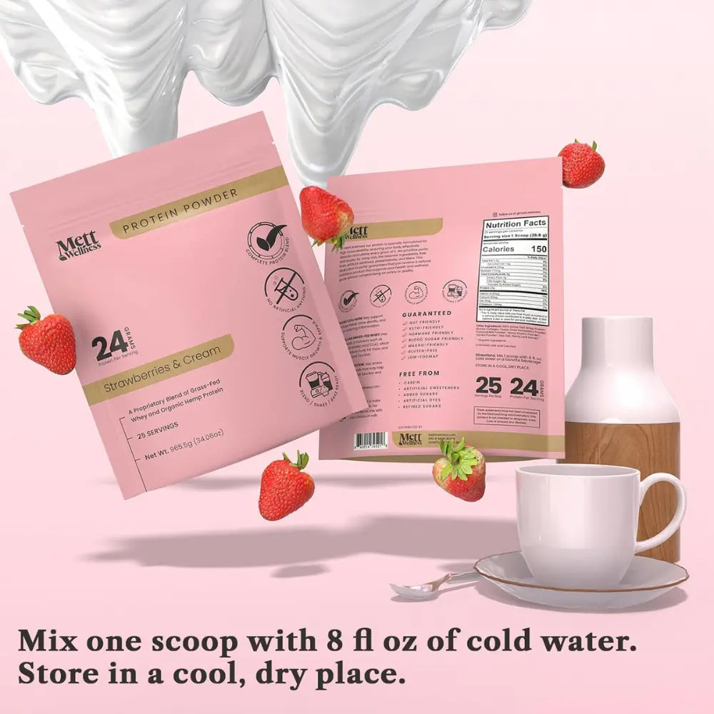 Mett Wellness Protein Powder | Strawberries & Cream Grass-Fed Whey + Hemp Heart Protein | 24G Protein per Serving | 25 Servings
