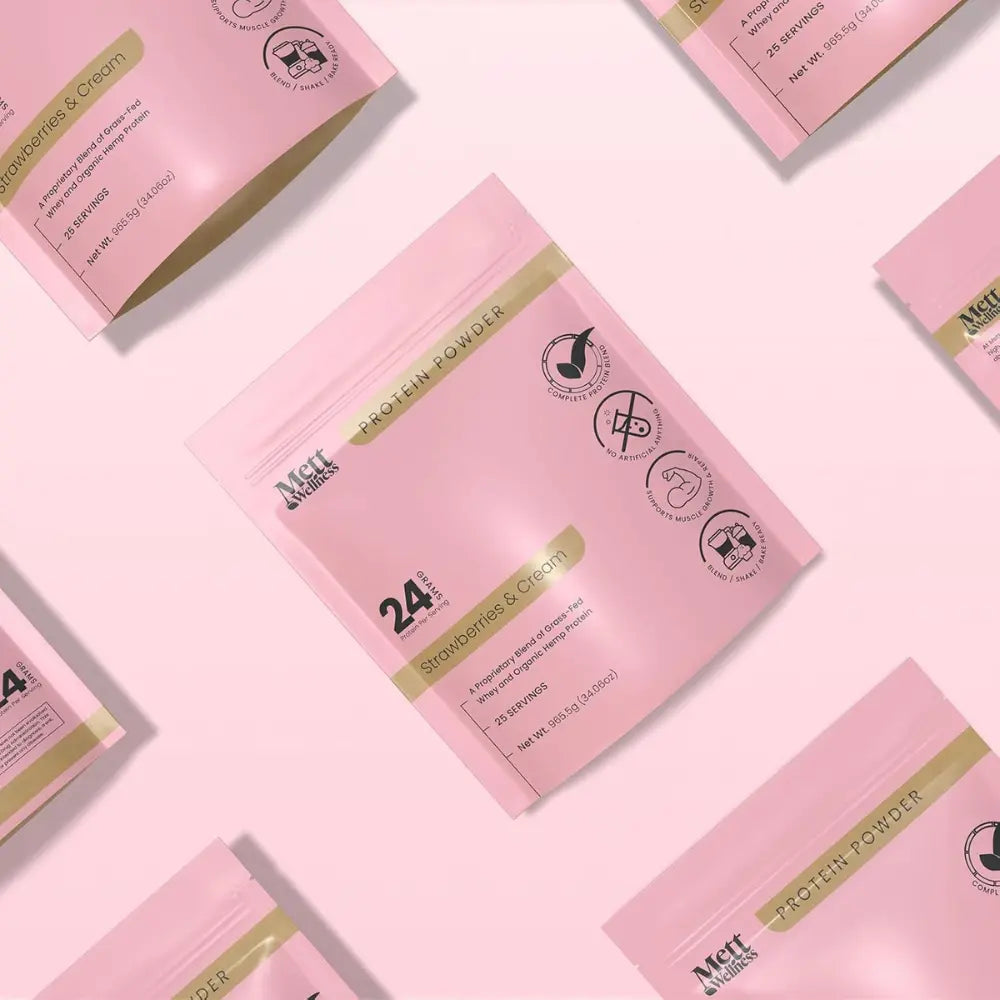 Mett Wellness Protein Powder | Strawberries & Cream Grass-Fed Whey + Hemp Heart Protein | 24G Protein per Serving | 25 Servings