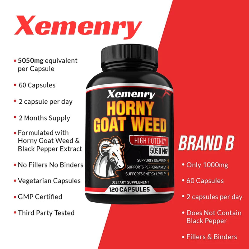 Men's Horny Goat Weed Capsules 5050 mg Formula Contains Black Pepper Extract