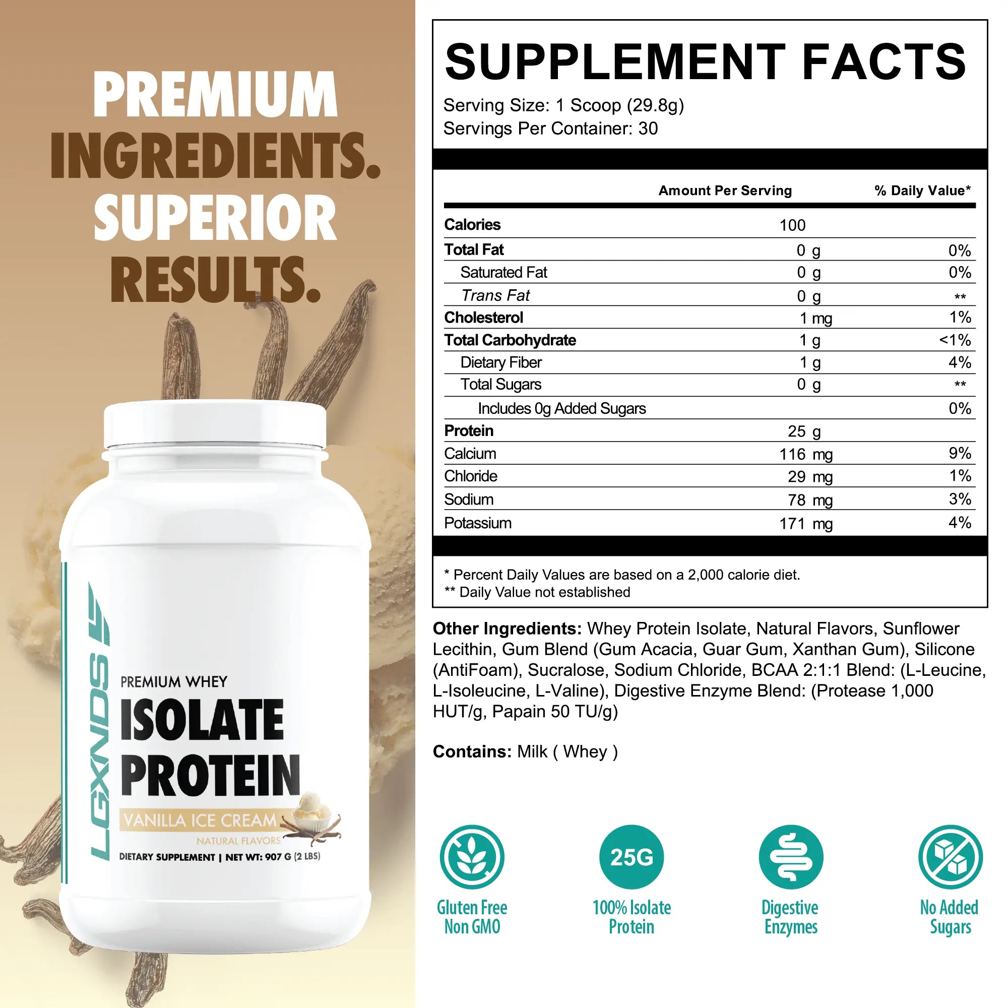 LGXNDS Whey Isolate Protein | 25G Protein per Serving | Bcaas and Digestive Enzymes | Low Fat No Added Sugar | Clean Gluten Free Non-Gmo Protein Powder