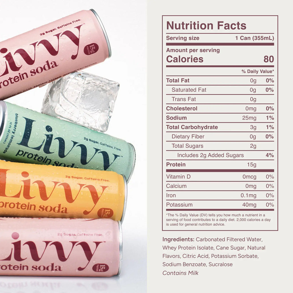 Livvy Sparkling Clear Protein Soda, 15G Protein, Variety Pack, 12 Fl Oz Cans (12 Pack), 80 Calories, Caffeine Free