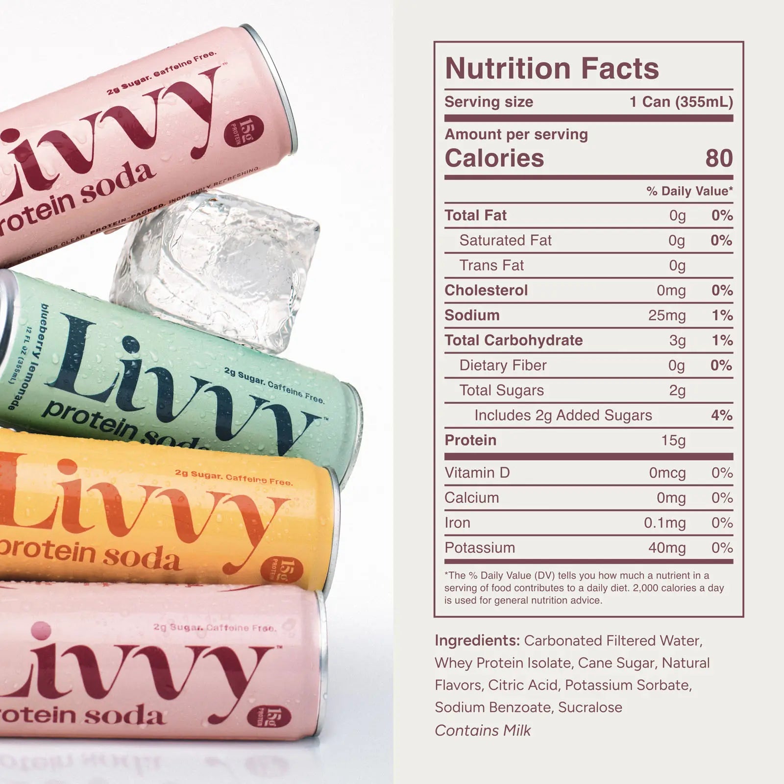 Livvy Sparkling Clear Protein Soda, 15G Protein, Variety Pack, 12 Fl Oz Cans (12 Pack), 80 Calories, Caffeine Free