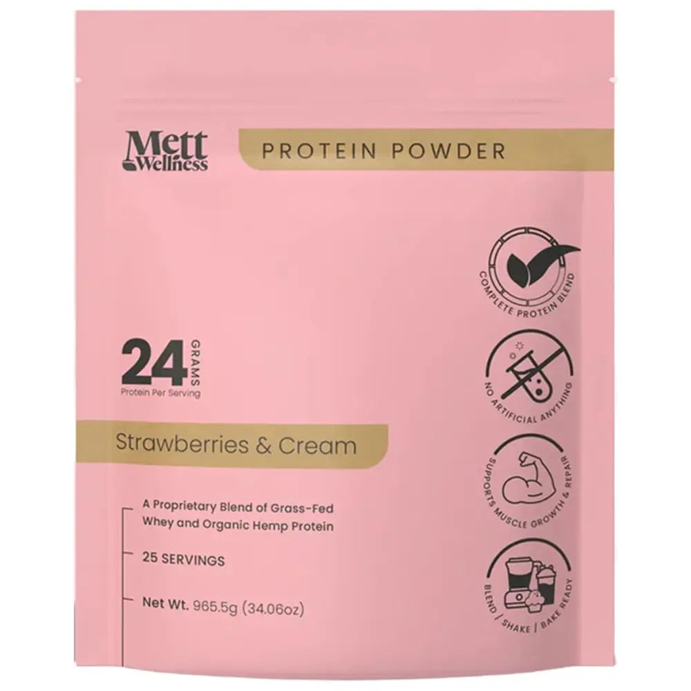 Mett Wellness Protein Powder | Strawberries & Cream Grass-Fed Whey + Hemp Heart Protein | 24G Protein per Serving | 25 Servings