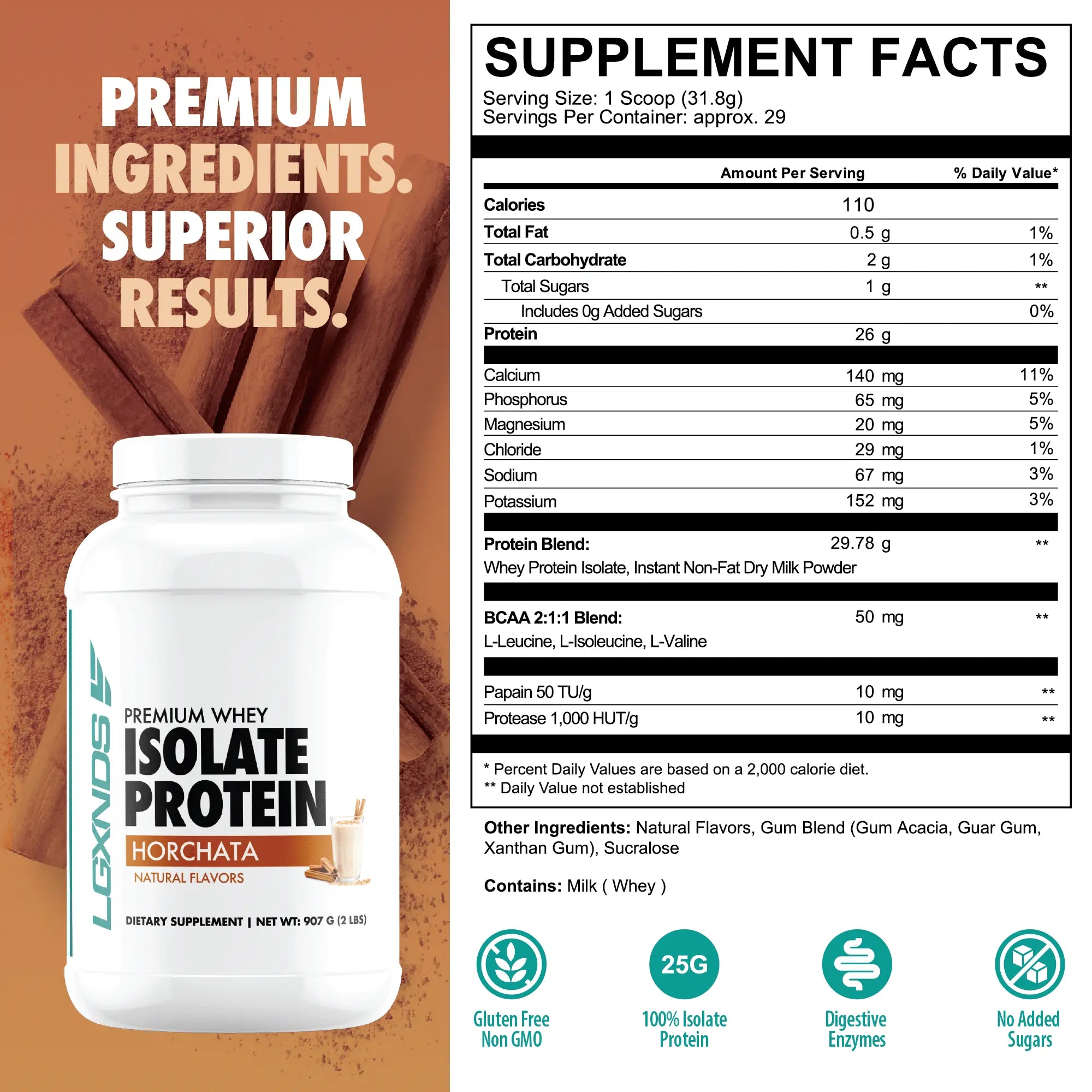 LGXNDS Whey Isolate Protein | 25G Protein per Serving | Bcaas and Digestive Enzymes | Low Fat No Added Sugar | Clean Gluten Free Non-Gmo Protein Powder