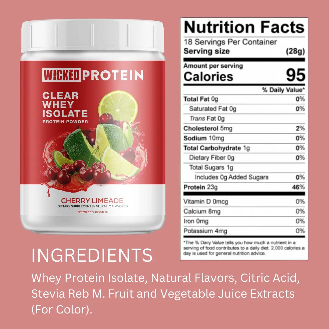 WICKED Protein Cherry Limeade Whey Isolate Powder - 23G Protein - 95 Calories - Clean Label Project Certified - Delicious Juice Protein Powder