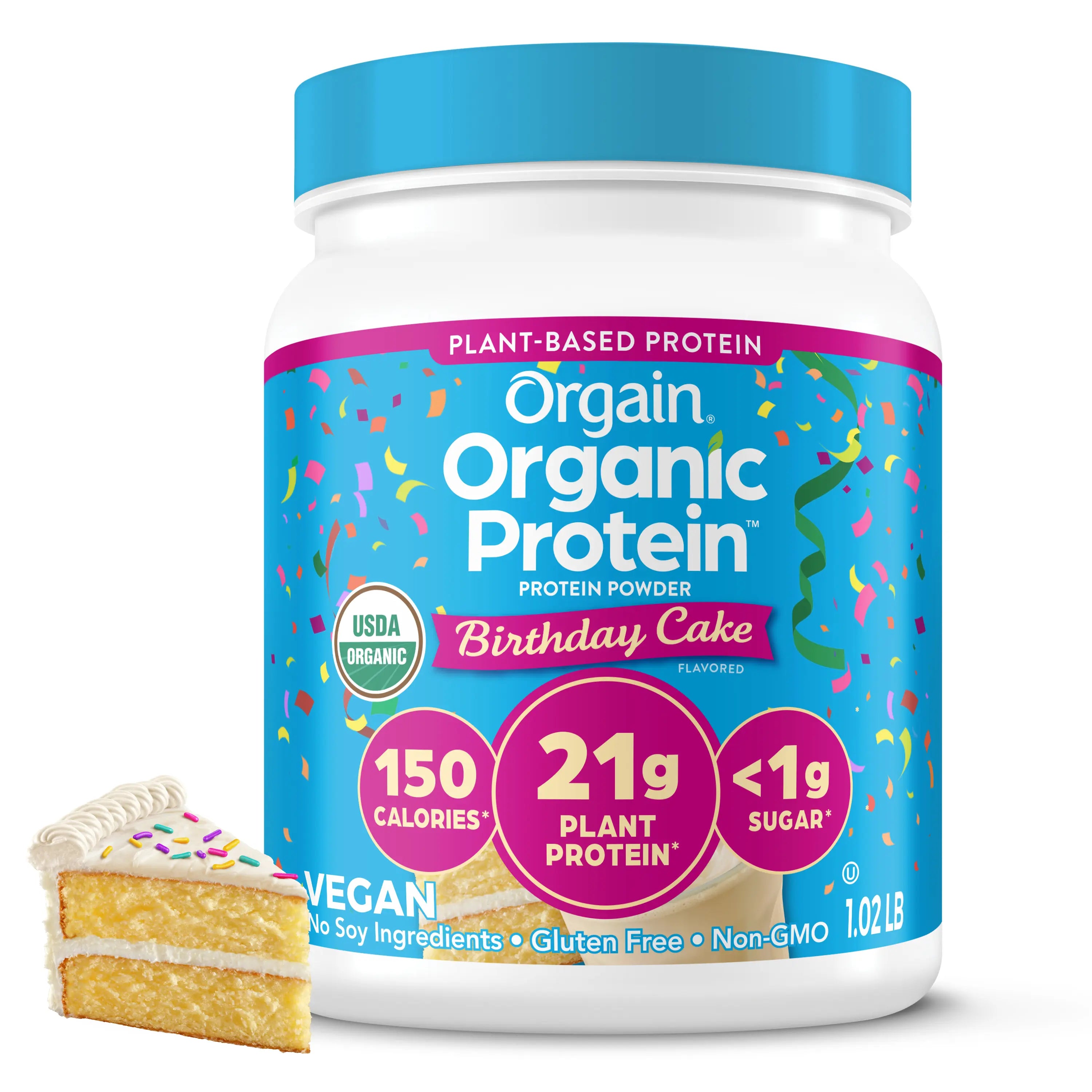 Orgain Organic Protein Plant Based Protein Powder - Birthday Cake Flavor, 21G Plant Protein, <1G Sugar, USDA Certified Organic, Edible Supplement for Fitness Endurance