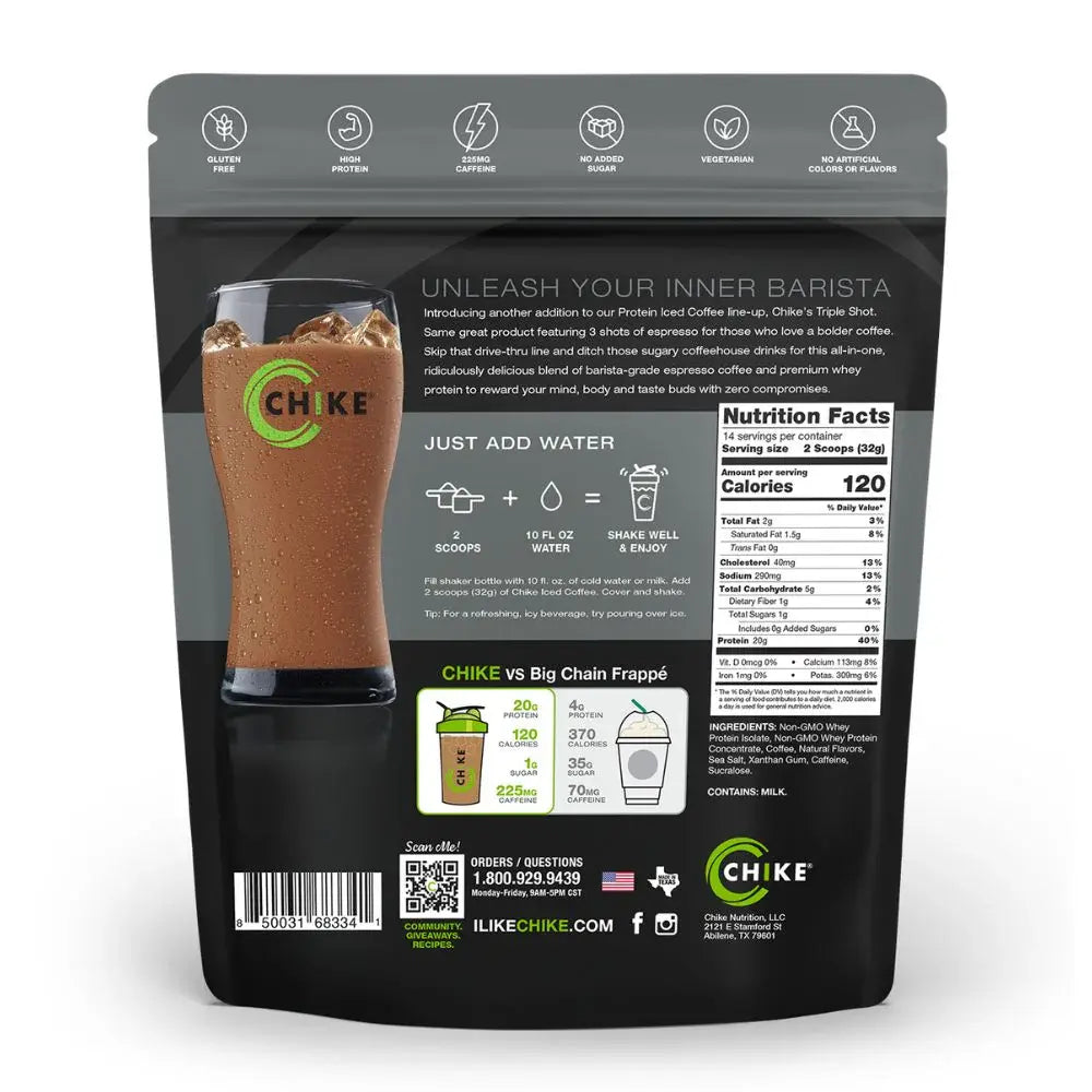 Chike Protein Iced Coffee Triple Shot Espresso & Cream Flavor 20G Whey Protein 3 Espresso Shots Low Sugar US Made High Protein Coffee