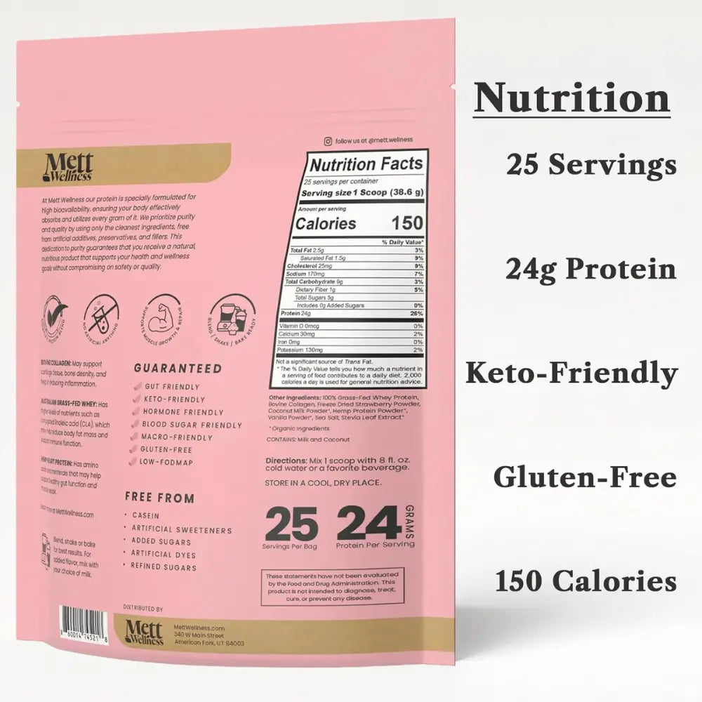 Mett Wellness Protein Powder | Strawberries & Cream Grass-Fed Whey + Hemp Heart Protein | 24G Protein per Serving | 25 Servings