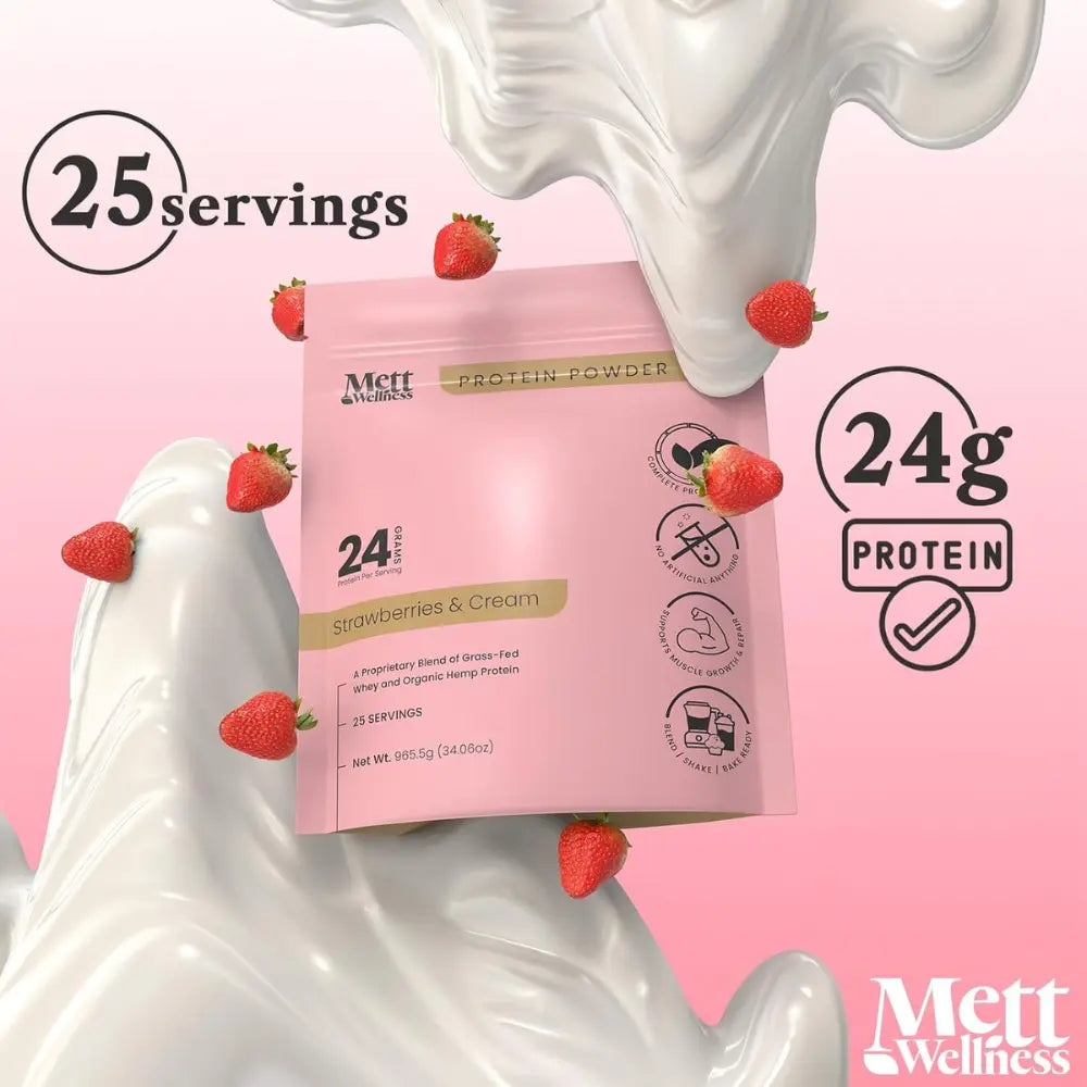 Mett Wellness Protein Powder | Strawberries & Cream Grass-Fed Whey + Hemp Heart Protein | 24G Protein per Serving | 25 Servings